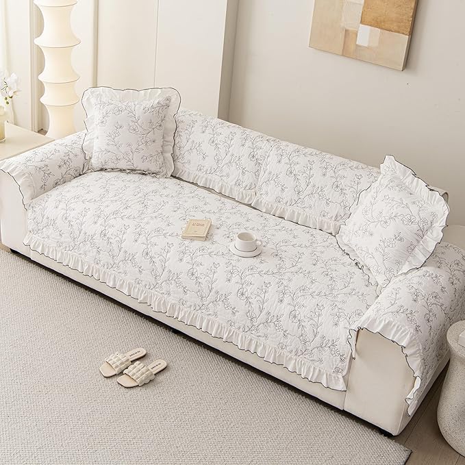 Couch Cover Sofa Covers Washable, Cotton Boho Floral Sofa Slipcovers for 3 Cushion, Non-Slip Furniture Protector for Dog Pet, L Shaped Recliner Sectional Couch Cover White,36"X83"(Only 1 Pcs)