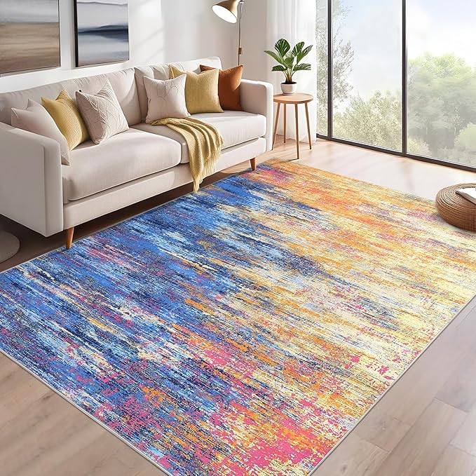 Washable Rug 5x7 Abstract Area Rug for Living Room, Non Slip Foldable Soft Rugs for Bedroom, Stain Resistant Rugs Modern Fuzzy Rug, Indoor Floor Carpet for Entryway Home, Blue/Orange