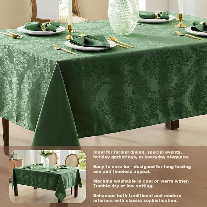 Newbridge Barcelona Damask Fabric Tablecloth, 52 x 52 Inch Square, Hunter Green – No Iron, Soil Resistant Table Cover for Dining, Parties and Holidays