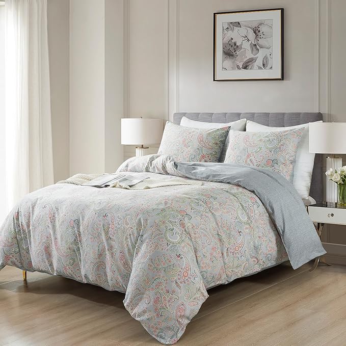 HoneiLife Wildflower Duvet Cover Queen - 100% Cotton Comforter Cover Sets, 3-PC Comfortable Floral Duvet Cover Sets,Soft & Breathable Duvet Cover with Zipper Closure & Corner Ties, Paisley