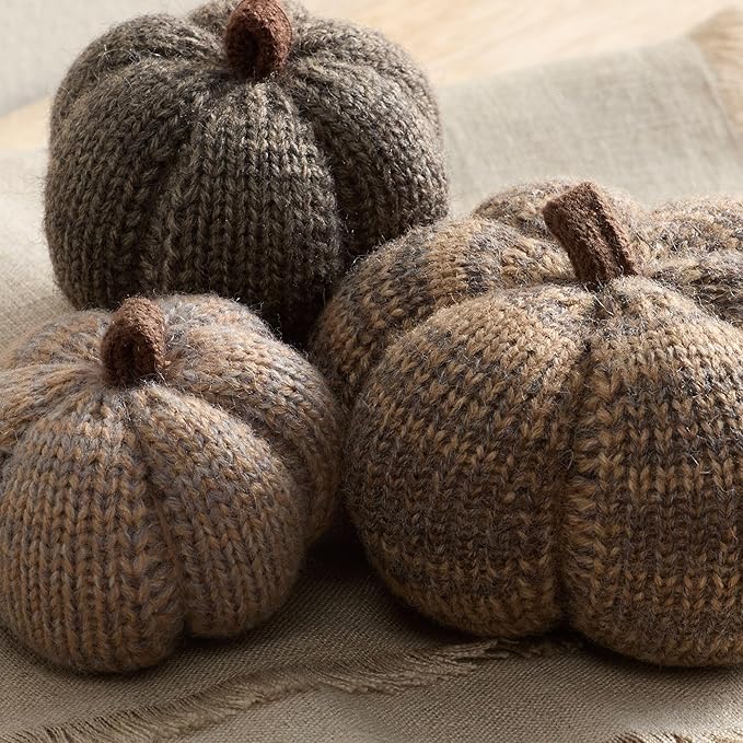 Your Heart's Content Set of 3 Cobblestone Grey Cozy Mini Knit Pumpkins, Autumn Bowl Filler, Rustic Farmhouse Table for Fall (Cobblestone Multi-Size Set)