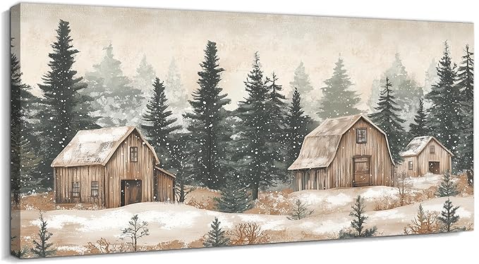 GUTTATY Christmas Winter Scene Canvas Wall Art, Rustic Barn and Forest Wall Paintings, Snowy Holiday Pictures Prints, Cozy Seasonal Canvas Artwork Poster for Living Room Bedroom, 32x16 Inch