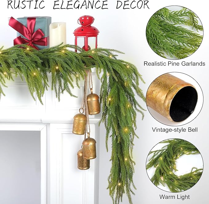 Fovths 1 Pack 12 Feet Christmas Norfolk Garlands Set Artificial Faux Greenery Garland 4 Cow Bell with Jute Hanging Rope Light String Winter Pine Garland for Xmas Indoor Holiday Decor, Green