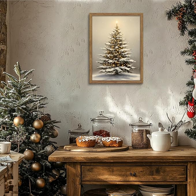 Vintage Christmas Pictures Wall Decor, Framed Christmas Tree Wall Art, Rustic Winter Holiday Pine Tree Print, Snowscape Botanical Canvas Artwork for Living Room Bedroom – 12x16in