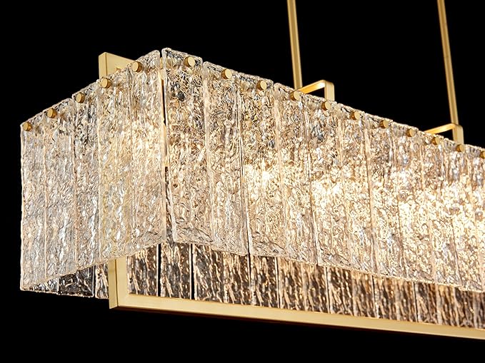 Shrine Lighting Gold Glass Chandeliers, Modern Design, Rectangular Chandelier for Living Space, L39.1'' × W10.2'' × H19.5'', Adjustable 50.8'', 7 x E12 Sockets, Glass LampShade & Brass Finish Frame