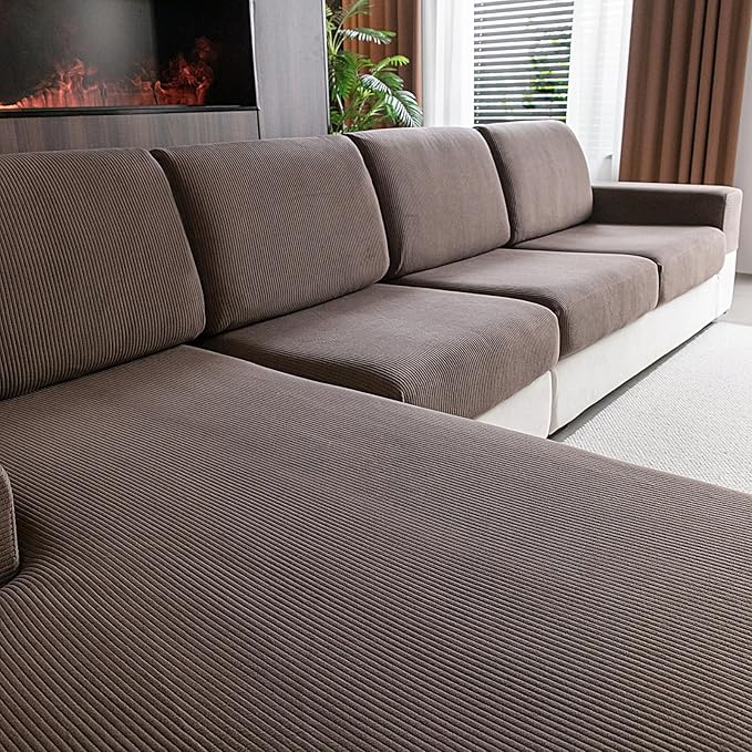 Sectional Couch Covers, Wear Resistant Stretch Sofa Covers Washable Soft Couch Cushion Covers Anti Slip Furniture Protector Sofa Slipcovers for Pets(4 Pieces 3 Seaters+1 Chaise, Brown)