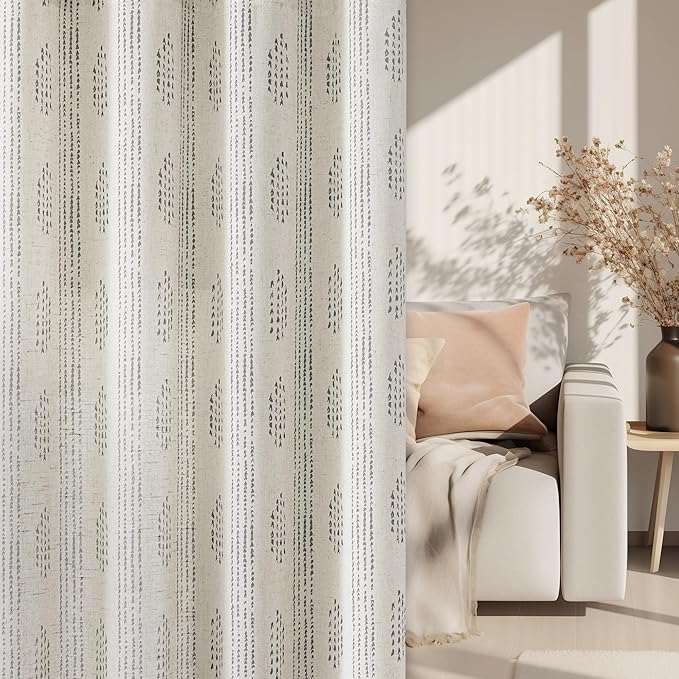Boho Linen Curtains for Bedroom Living Room Black Farmhouse Boho Curtains 72 Inches Long Geometric Striped Patterned Mudcloth Grommet Top Light Filtering Window Drapes 2 Panels Black on Beige