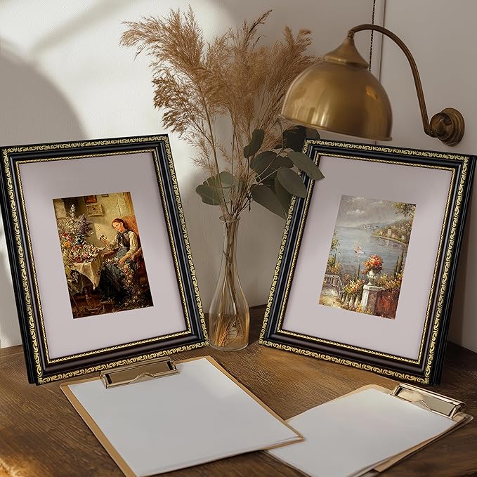 eletecpro 8x10 Picture Frames Set of 2, Vintage Photo Frames with Glass, 8 by 10 Frame Displays 5x7 Photo with Mat or 8x10 without Mat for Tabletop or Wall Decor, Black Gold