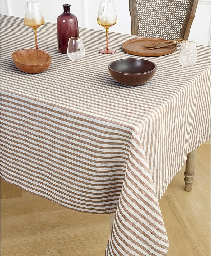 Solino Home Linen Tablecloth 60 x 120 Inch - Amalfi Stripe 100% Pure Linen Brown and Cream Table Cloth for Rectangle Tables - Machine Washable Tablecloth for Fall, Autumn, Thanksgiving