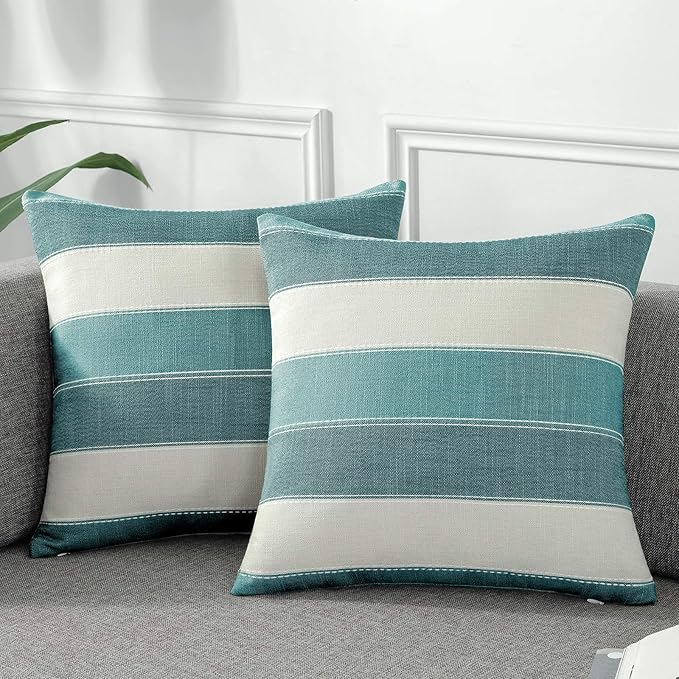 AmHoo Pack of 2 Farmhouse Stripe Check Throw Pillow Covers Set Case Cotton Linen Decorative Pillowcases Cushion Cover for Couch Bench Sofa 20x20Inch Teal Blue
