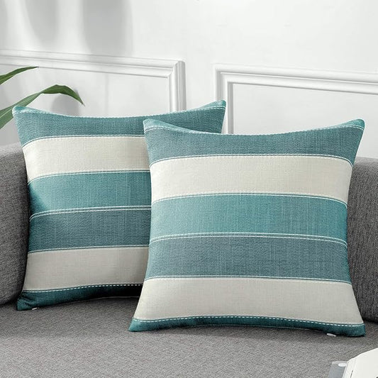 AmHoo Pack of 2 Farmhouse Stripe Check Throw Pillow Covers Set Case Cotton Linen Decorative Pillowcases Cushion Cover for Couch Bench Sofa 20x20Inch Teal Blue