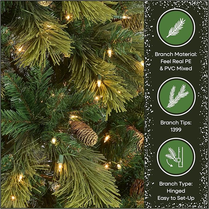 National Tree Company Carolina Pine 7.5 Foot Artificial Holiday Prelit Christmas Tree w/750 Clear Lights, Pinecones, 1399 Branch Tips and Metal Stand