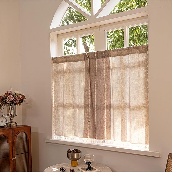 Sutuo Home Boho Curtains Valance 18 inch for Cafe Kitchen Doorway Closet, Short Sheer Farmhouse Chic Tassels Window Treatment Bohemian Embroidery Drape, Rod Pocket 1 Panel 52" W x 18" L, Coffee Linen
