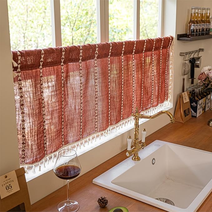 Sutuo Home Boho Valance Short Curtains For Windows Tier, Bohemian Linen Tassles Light Filtering Vintage French Country Window Treatment Fall Curtain Drape, Rod Pocket 1 Panel 52" W x 18" L, Terracotta