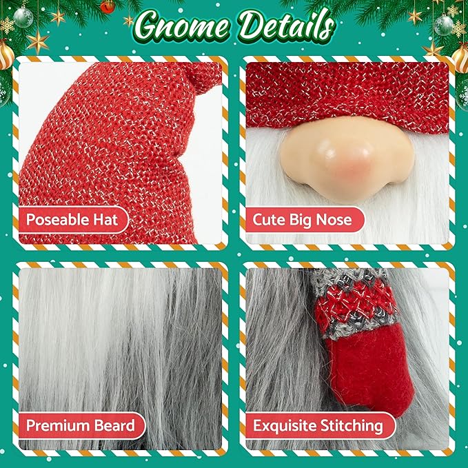 Gnome Christmas Decorations, Gnome Plush Ornaments Swedish Santa Tomte Elf Stuffed Dwarf, Indoor Christmas Decorations for Home Shelf Mantel Window Table Kitchen Bedroom Holiday Party Winter