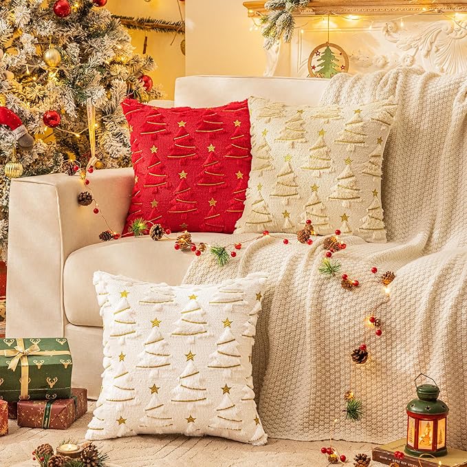 AQOTHES Christmas Tree Decorative White Throw Pillow Covers 12x20 Set of 2, Faux Fur Farmhouse Throw Pillows Cushion Cases for Xmas Winter Holiday Home Decor