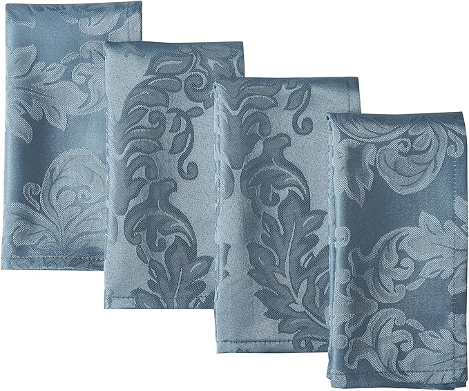 Newbridge Barcelona Damask Fabric Napkins, Set of 4, Blue – No Iron, Soil Resistant Cloth Napkins for Dining, Parties and Holidays