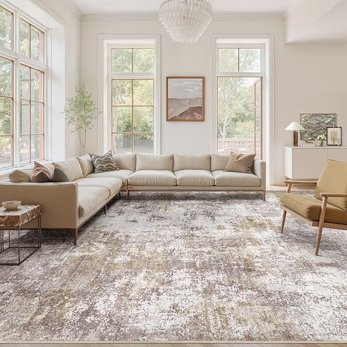 Washable 10X14 Area Rug: Modern Abstract Soft Non-Slip Indoor Rugs - Low Pile Stain Resistant Foldable Rug for Living Room Bedroom Dining Room Playroom Office(Golden Brown 10'x14')