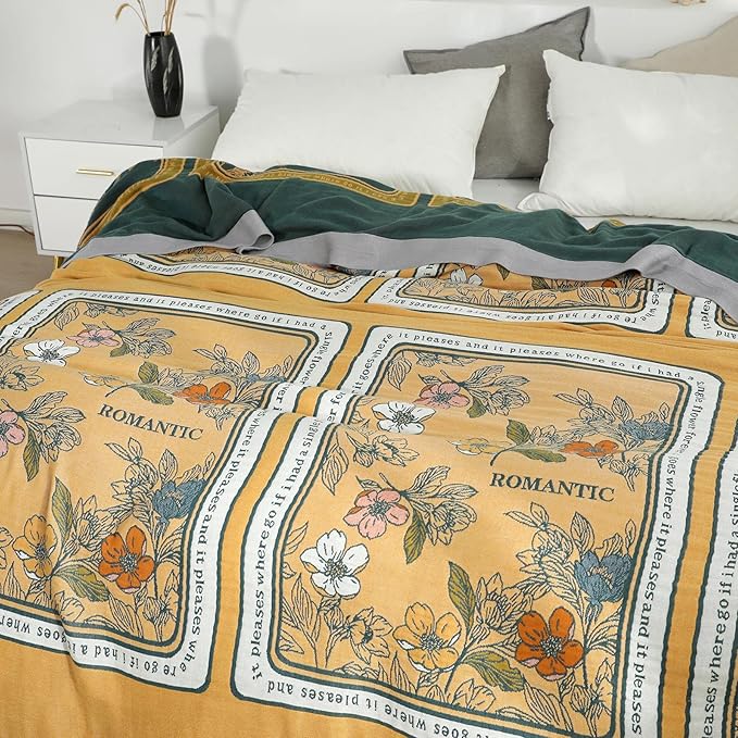 Boho Throw Blanket for Bed 100% Cotton Ultra Soft Rustic Quilt Fall Blanket Floral Printed Farmhouse Decor Bed Blankets,60"×80" All Season Rustic Throw for Sofa Couch Chair