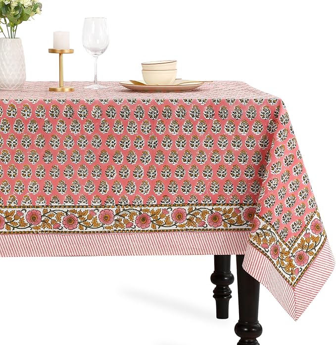 CPC Tablecloth 100% Cotton 80x120 Inch Indian Block Print Rectangle Table Cover, Washable Table Cloth for Weddings, Spring/Summer, Barbeque - Poppy Pink