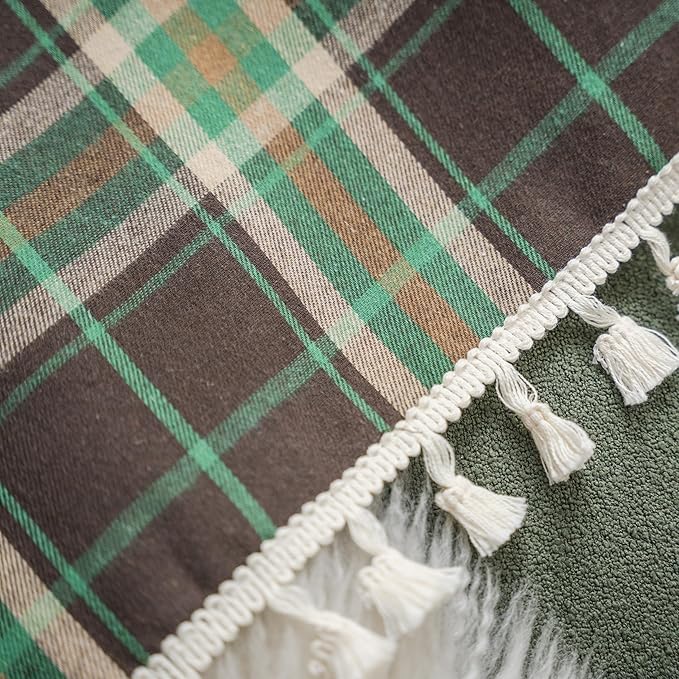 Sutuo Home Boho Curtains for Kitchen Nursery, Christmas Vintage Plaid Curtains Light Filtering rustic Farmhouse Tassels Bohemian Chechered Drape for Xmas Decor 1 Panel 52"W x 63"L, Dark Green Plaids