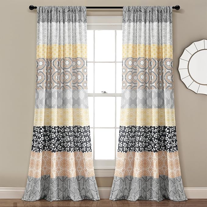 Lush Decor Bohemian Stripe Window Curtain Panels, Pair 52" W x 84" L Yellow & Gray - Light Filtering Curtains for Bedroom - Boho Curtains - Maximalist Decor