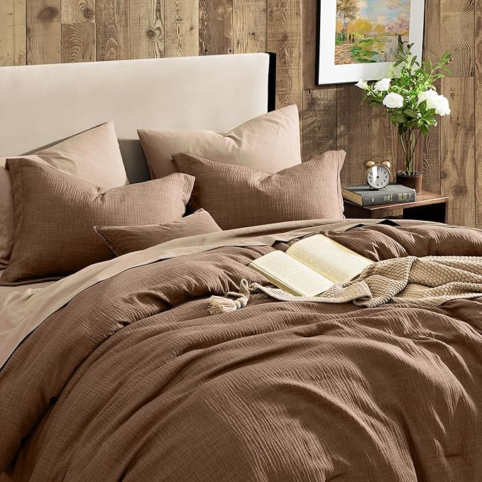 Geniospin Brown Queen Comforter Set - 7 Pieces Comforter Queen Size, Solid Bedding Set for All Season, Textured Bed in a Bag with Sheets
