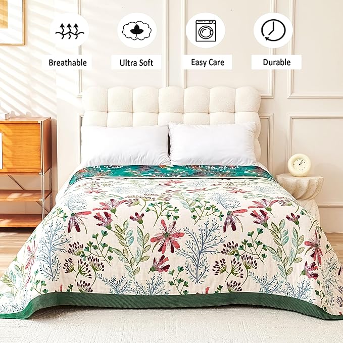 Boho Throw Blanket, 100% Organic Cotton Breathable Ultra Soft 50" x 60" Bed Quilt Throw - All Season Floral Rustic Farmhouse Decor Luxury Reversible Blanket for Sofa Couch Chair and Gift