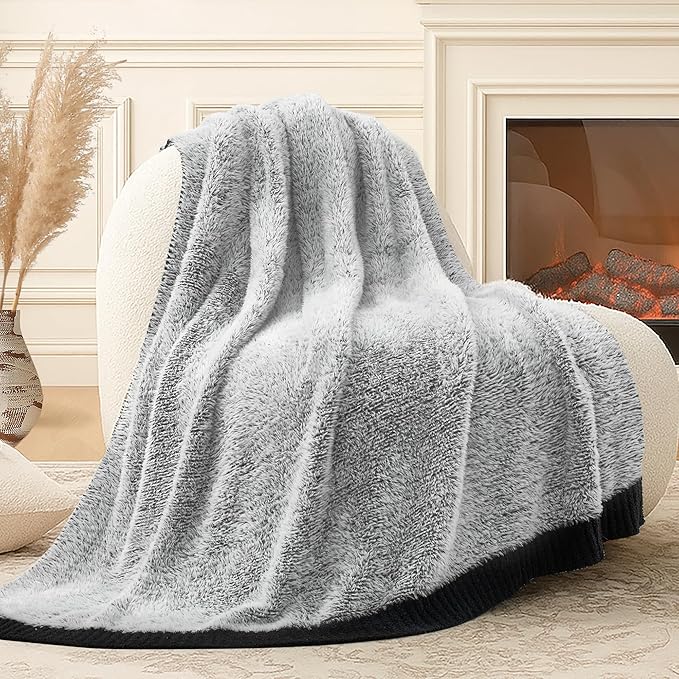 Amélie Home Knit Throw Blanket for Couch, Super Soft Cozy Fuzzy Throws for Sofa Bed Living Room, Luxury Cozy Fluffy Throw for Room Decor, 60" x 80", Heather Black