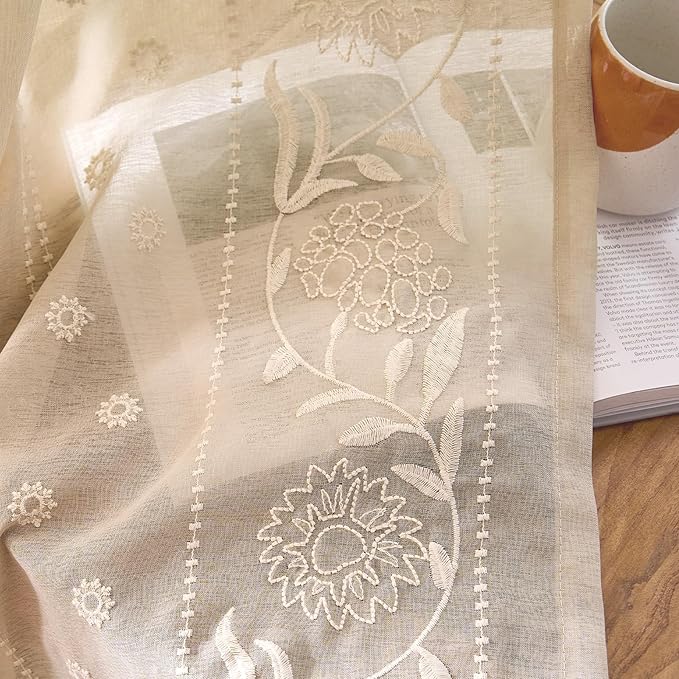 jinchan Winslow Sheer Curtains 63 Inch Length for Dorm Bedroom Bordered Floral Pattern Decorations Short Curtains Light Filtering Window Treatments, 50W x 63L, Ivory on Beige, 2 Panels