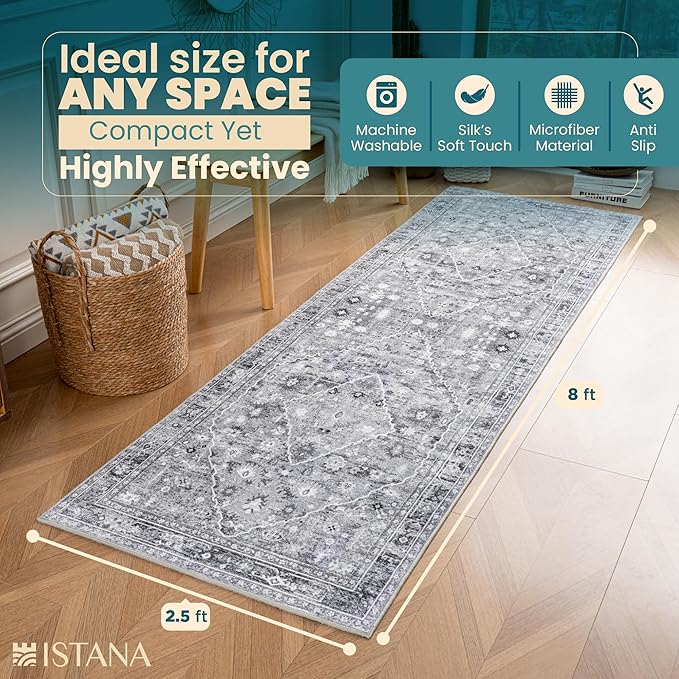 Istana Hallway Carpet 2.5x8 - Grey Kitchen Runner - Non Slip Washable - Silk's Soft Touch - Stylish Home Rug