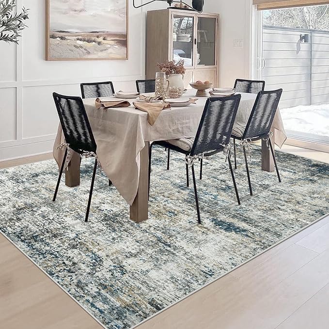 6x9 Washable Area Rug for Living Room: Modern Abstract Rugs Soft Non-Slip Low-Pile Indoor Floor Carpet for Bedroom, Dining Room, Nursery (BlueGreyBrown, 6'x9')