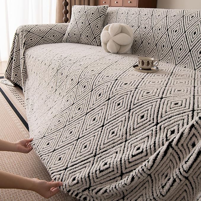 ROOMLIFE Striped Boho Black Couch Cover for 2-3 Cushion Sofa, Fuzzy Plush Warm Sofa Slipcovers Sectional Sofas Covers, Non Slip Washable Furniture Protector Soft with Tassel,Winter 71''X118”