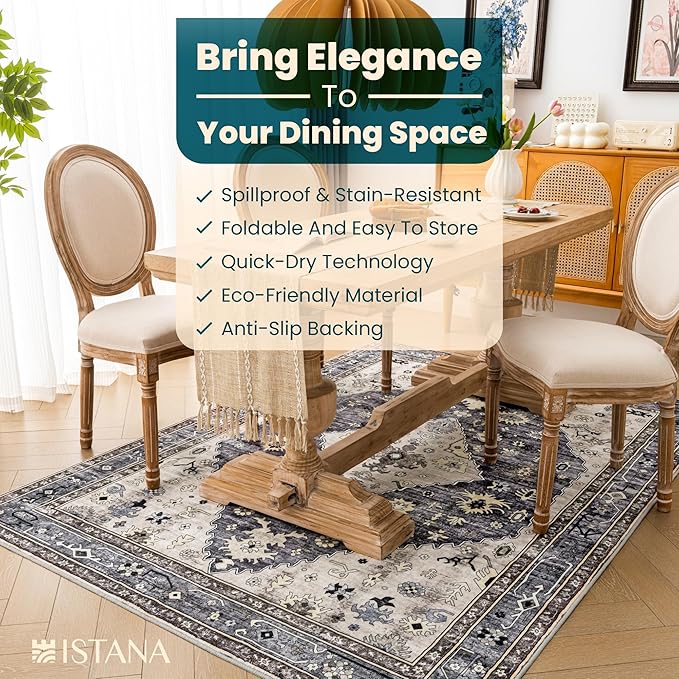 Istana Rugs 5x7 - Dark Grey Blue/Rose Mauve Rug - Foldable 5x7 Area Rugs Non Slip - Non Shedding Area Rugs - Washable 5 x 7 Rugs w/Soft Microfiber - Eco Friendly Materials Area Rug