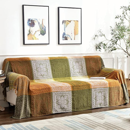 Boho Throw Blanket, Bohemian Tassels Throw Blankets for Bed Couch Soft Chair， Chenille Fringe Tassels (New Green, Large 86 * 102Inches)
