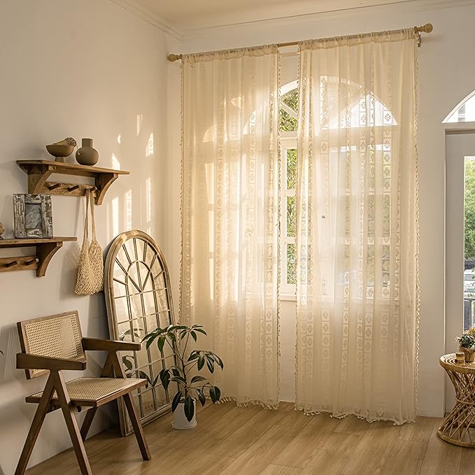 Sutuo Home Boho Curtains 2 Panels Crochet Lace Patchwork Semi-Blackout Bohemian Handmade Tassels, Rod Pocket Window Treatment Vintage Rustic Farmhouse Drapes for Living Bedroom, 52" W x 96" L, Cream