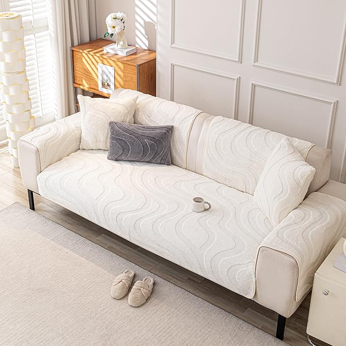 Couch Cover Sofa Covers Washable, Velvet Fleece Sofa Slipcovers for 3 Cushion Couch, Non-Slip Furniture Protector for Dog Pet, L Shaped Recliner Sectional Couch Cover White,36"X71"(Only 1 Pcs)