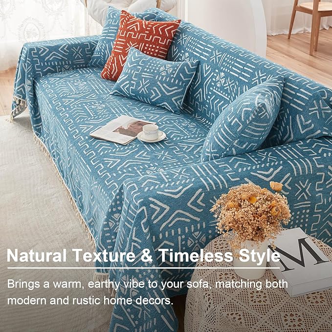 VClife Bohemian Couch Cover Sectional Sofa Cover Washable for L Shape Sofa, 1 PC Soft Chenille Couch Cover for 2 Cushion Couch - Boho Blue White Jacquard Loveseat Slipcover for Couch Bed, 71" x 118"
