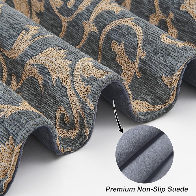 Loom and Mill Elegant Damask Table Runner 90 inches Long, Classic Acanthus Chenille Jacquard Table Runners with Tassels for Dining Room Dresser Party Banquet Decoration (Blue-Grey+Khaki,13x90 inch)