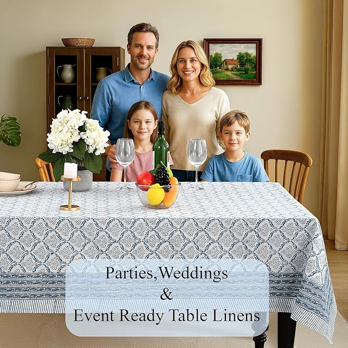 CPC Indigo Regal Tablecloth 100% Cotton 60x90 Inch Indian Block Print Rectangle Table Cover, Table Cloth for Gifting in Weddings, Halloween, Fall, Christmas, Thanksgiving