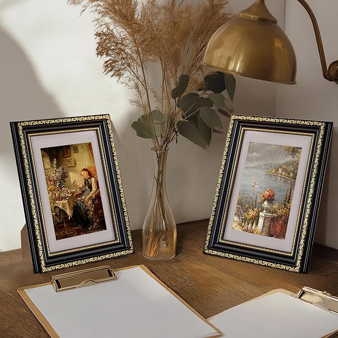 eletecpro 5x7 Picture Frames Set of 2, Vintage Photo Frames with Glass, Display 4x6 Photo with Mat or 5x7 without Mat for Tabletop or Wall Decor, Black Gold