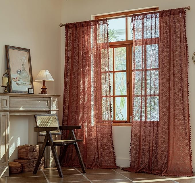 YJ YANJUN Sheer Orange Curtains 96 inches Long, 2 Panels Set, Boho Crochet & Tassel Trim Design, Rust Color Lace Curtains for Living Room, Privacy Fall Halloween Rustic Decor 59" W x 96" L Terracotta
