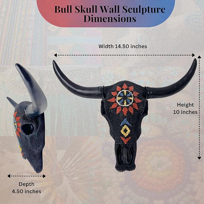 BestGiftEver Wall Sculpture Black Beaded Bull Skull - Steer Head Southwestern Rustic Aztec Tribal Style Wall Decor - Cow Skull Western Native American Home Decor for Hunting Enthusiasts