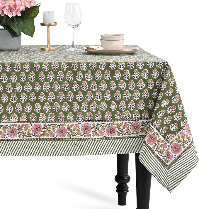 CPC Tablecloth 100% Cotton 60x90 Inch Indian Block Print Easter Rectangle Table Cover, Table Cloth for Weddings, Parties- Jade Green 6-Seater