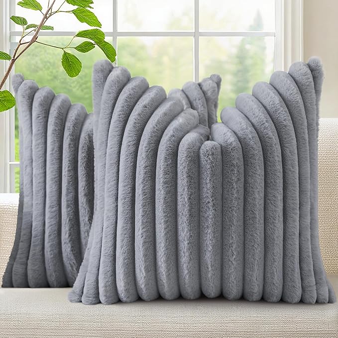 decorUhome Faux Fur Christmas Throw Pillow Covers 20x20 Set of 2, Decorative Soft Plush Striped Neutral Couch Euro Pillow Covers with Velvet Back for Sofa, Bed, Living Room Home Decor, Grey