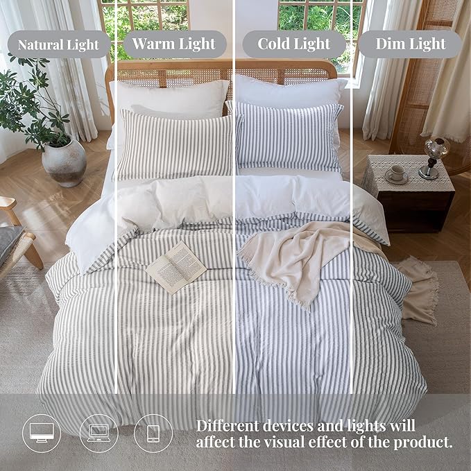 MILDLY Grey Striped Duvet Cover - 100% Washed Cotton Jacquard Boho Textured Comforter Cover 2pcs with Corner Ties Zipper Closure 68"x90"