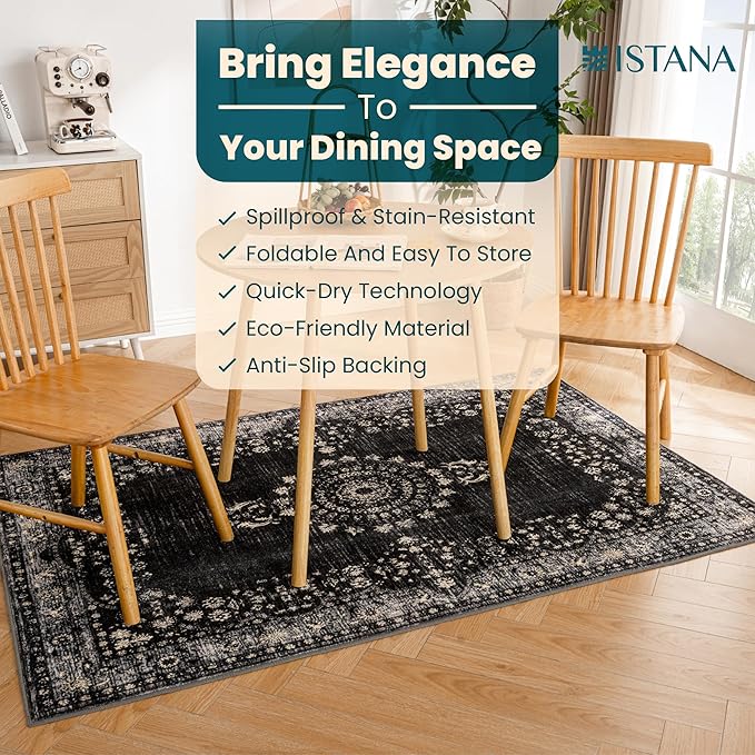 Istana 4x6 Area Rug - Black Rugs for Living Room 4x6 - Foldable Rugs for Bedroom - Stain Resistant Washable Rug - Eco-Friendly Boho Area Rugs - Easy to Clean Living Room Rug 4 x 6