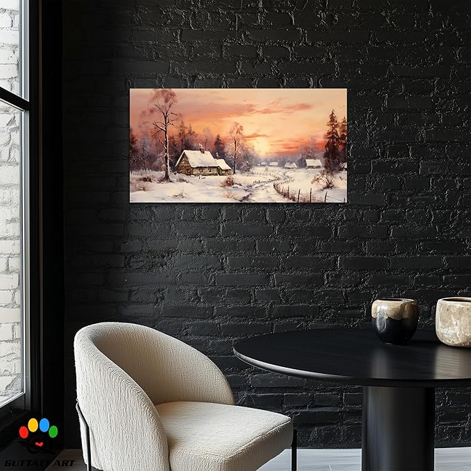 GUTTATY Christmas Winter Scene Canvas Wall Art, Cozy Snow Village Canvas Print, Rustic Country House Wall Painting, Winter Sunset Landscape Poster for Living Room, Bedroom, Hallway, 24x12 Inch