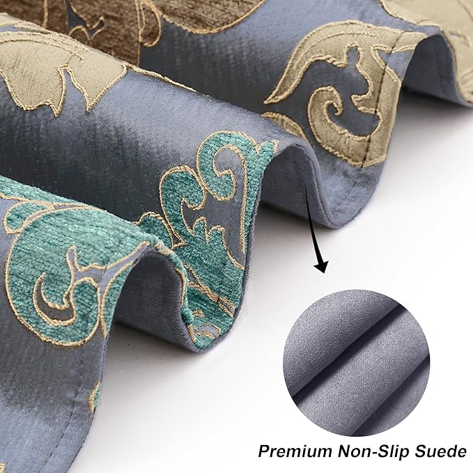 Loom and Mill Luxury Table Runner 108 Inches Long, Traditional Damask Jacquard Table Runners with Handmade Multi-Tassels for Dining Room Dresser Party Holiday Banquet Decorations(13"x108", Grey Blue)