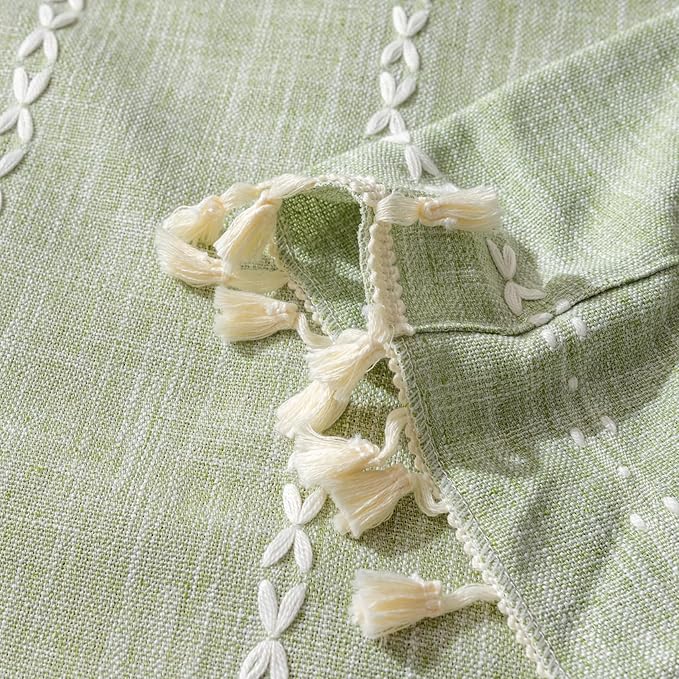 Sutuo Home Boho Short Valance Curtains with Tassles, Bohemian Linen Light Filtering Vintage French Country Christmas Window Treatment Embroidery Drape, Rod Pocket 1 Panel 52" W x 18" L, Sage Green